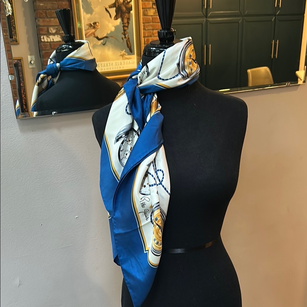Rolex Blue and Gold Scarf With Classic Vintage Watch Design 100%Silk 35” Square - Picture 5 of 7